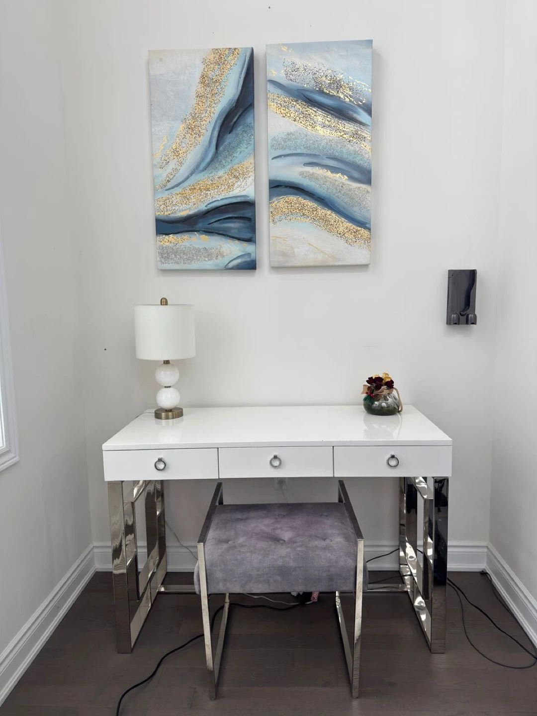 White Desk with Chrome Legs & Grey Stool