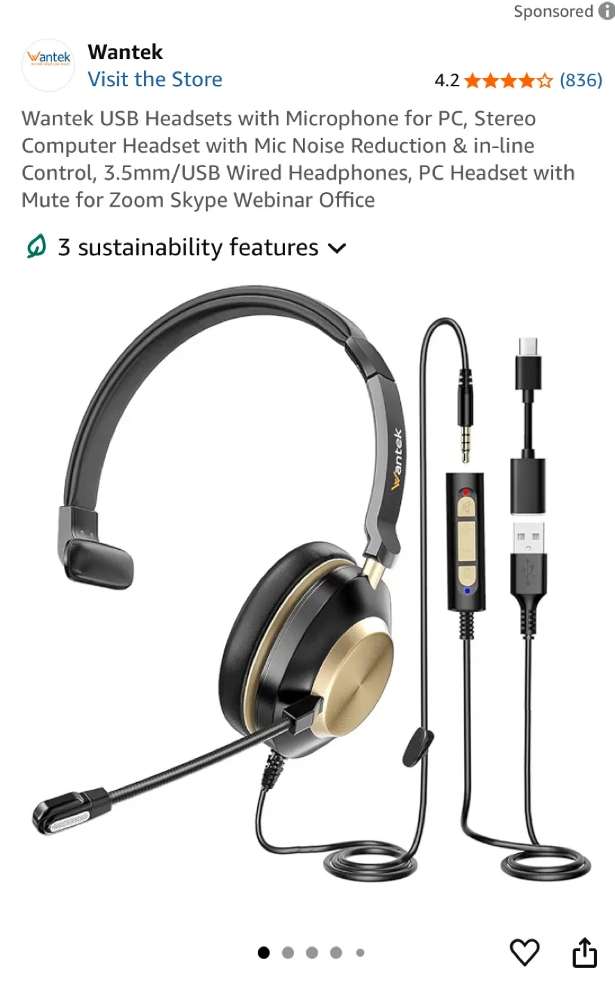 Wantek 881FUSB Wired USB Headset - New thumbnail