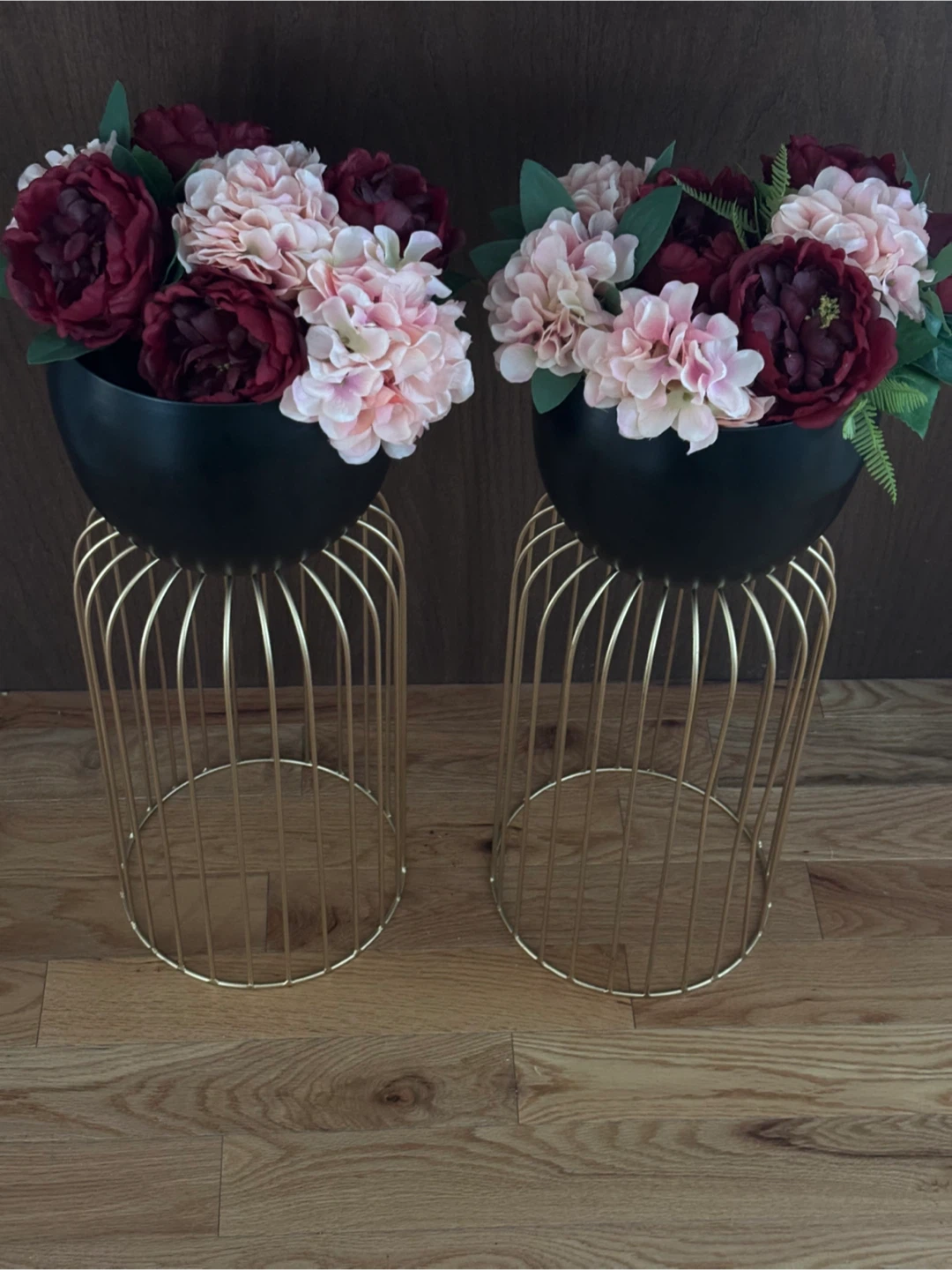 Pair of Black Planters on Gold Stands