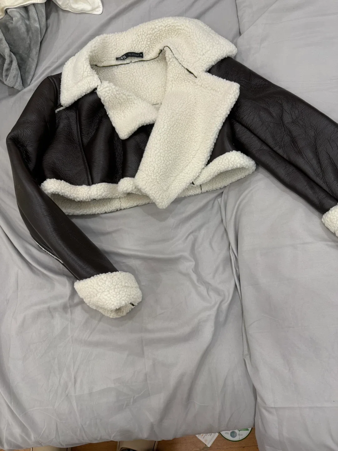 Zara Brown Faux Leather Cropped Aviator Jacket thumbnail