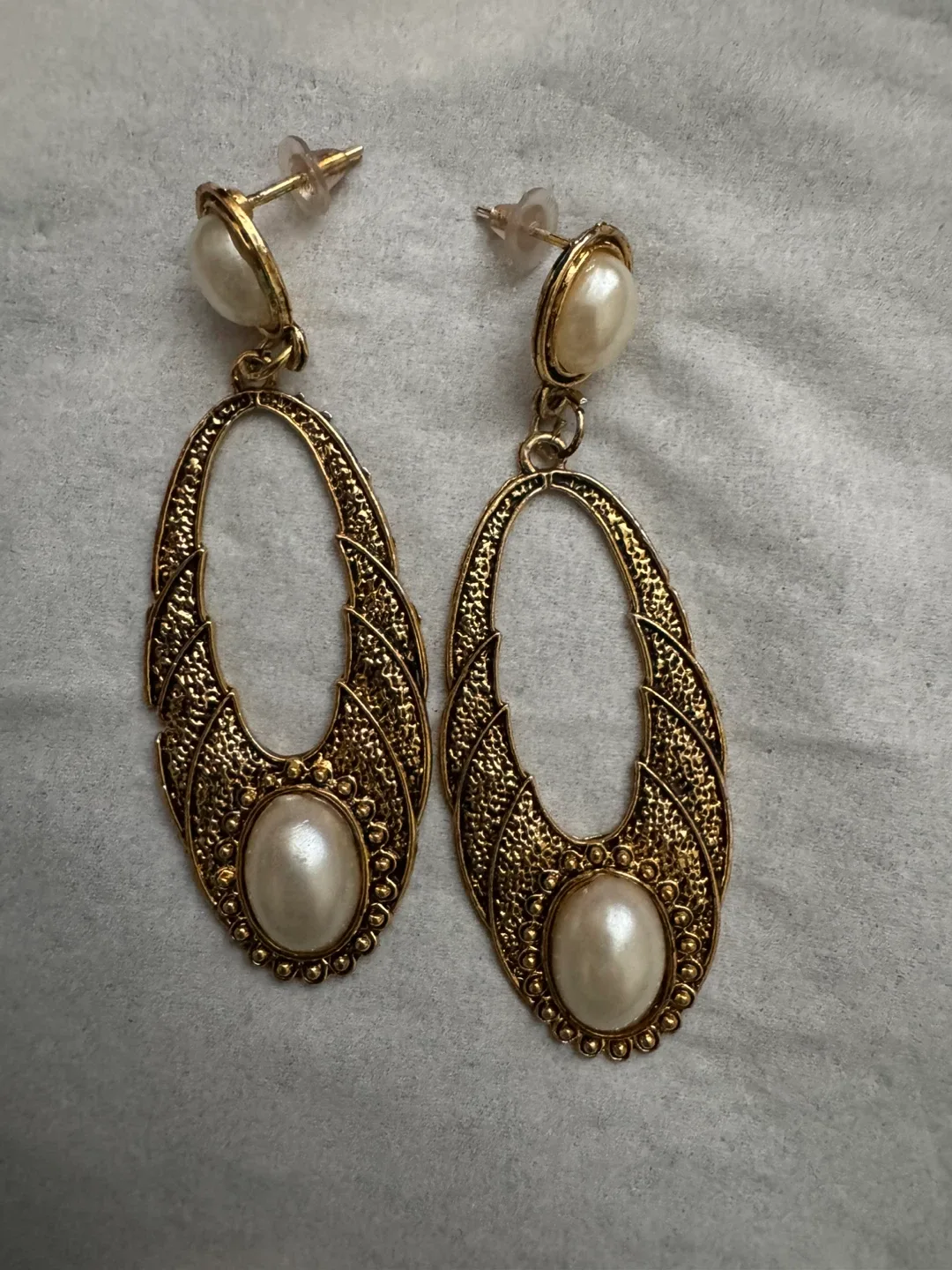 Gold Tone Faux Pearl Dangle Earrings