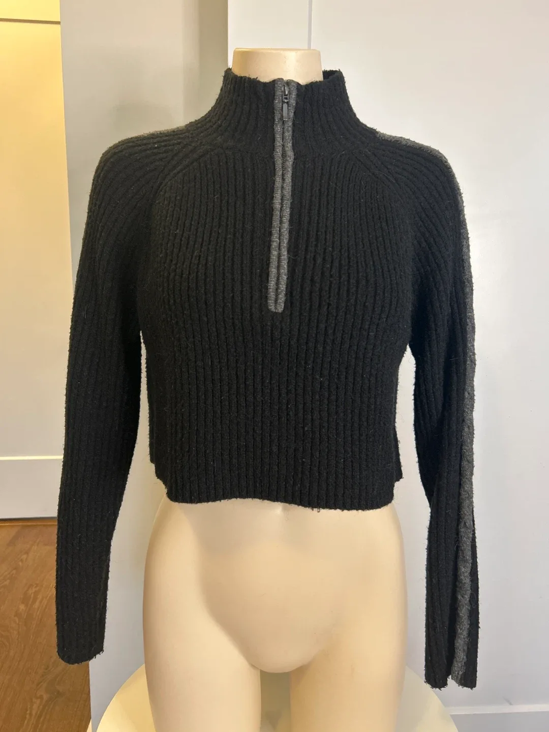 Black cropped half zip sweater with grey stripe thumbnail