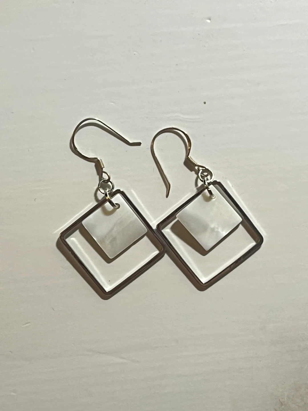 Square Dangle Earrings - Silver & White