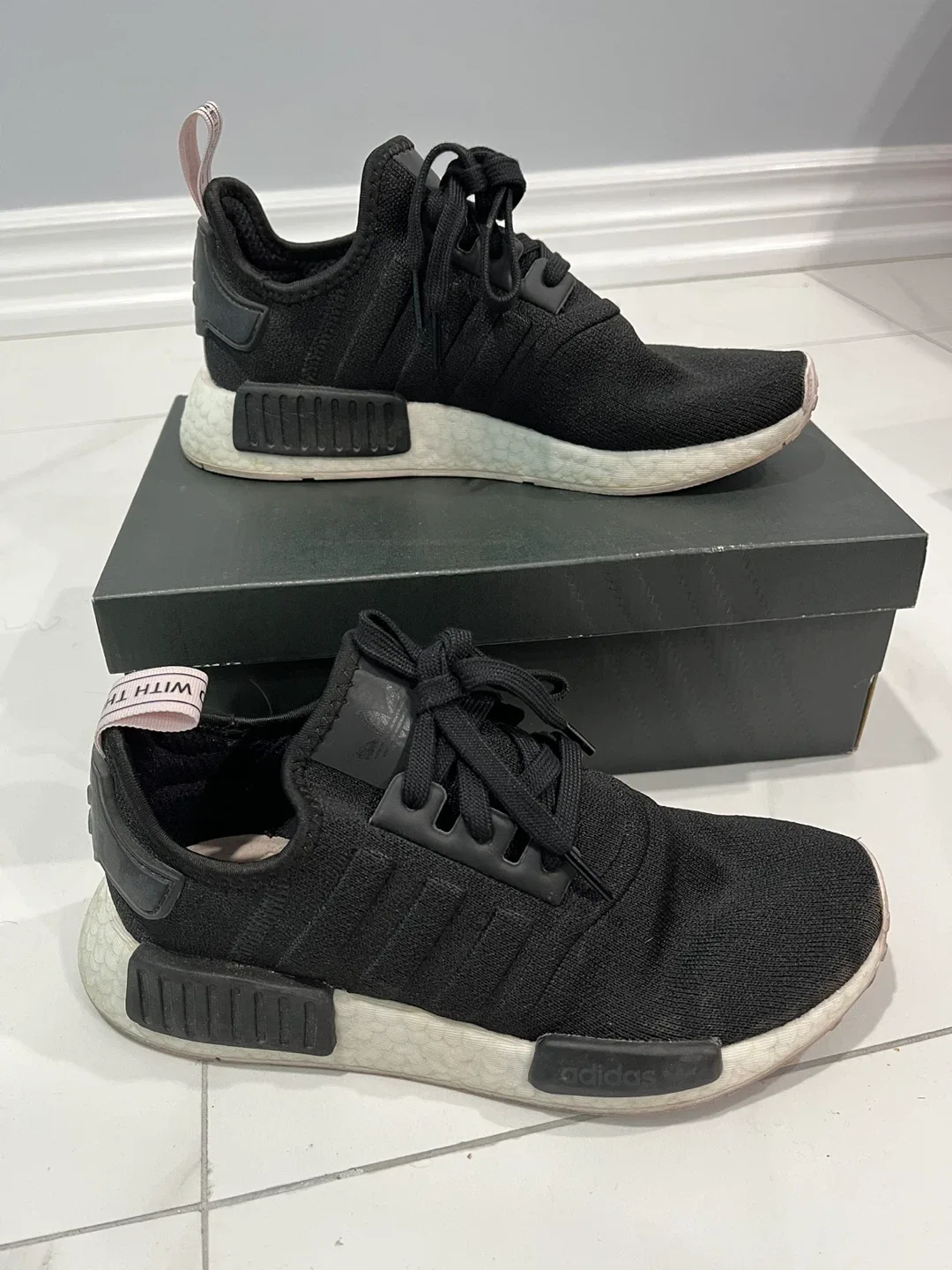 Adidas NMD R1 Black + Baby Pink Sneakers thumbnail