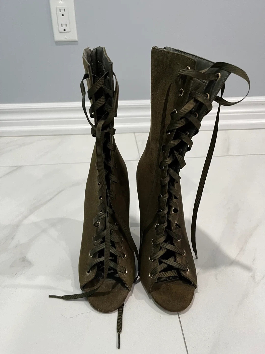 Olive Green Lace-Up Heeled Booties image indicator(2)