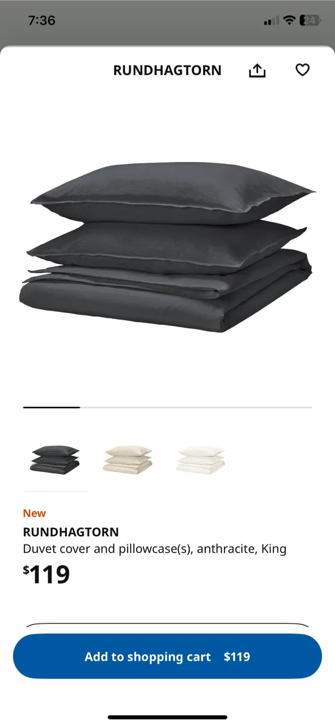 IKEA RUNDHAGTHORN King Duvet Cover Set - Anthracite thumbnail