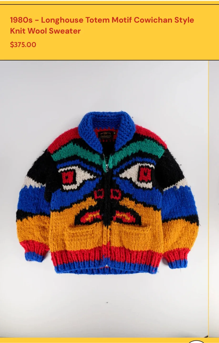 Longhouse 1980s Totem Motif Cowichan Knit Wool Sweater