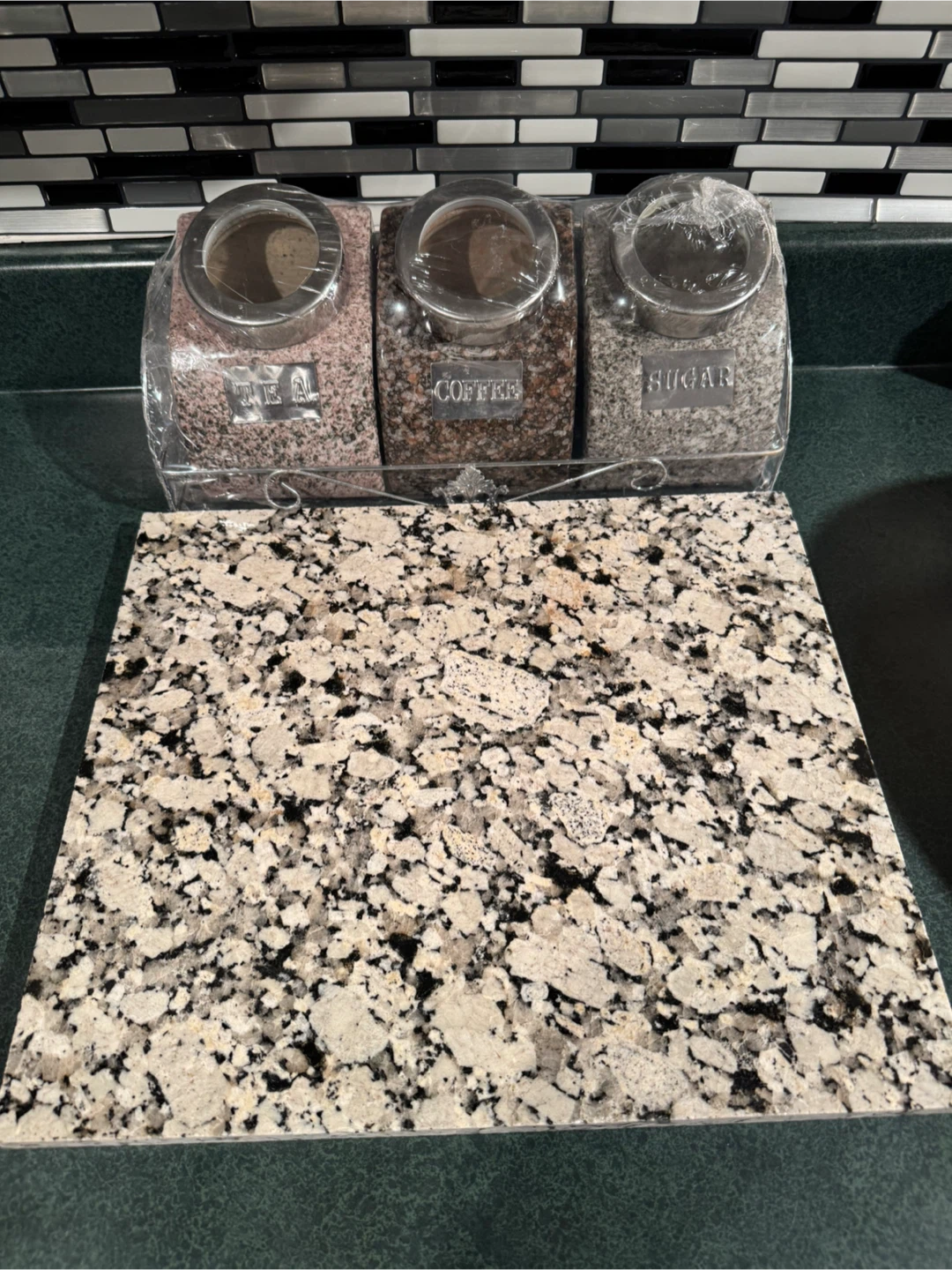 Tea, Coffee, Sugar Canisters with Granite Board