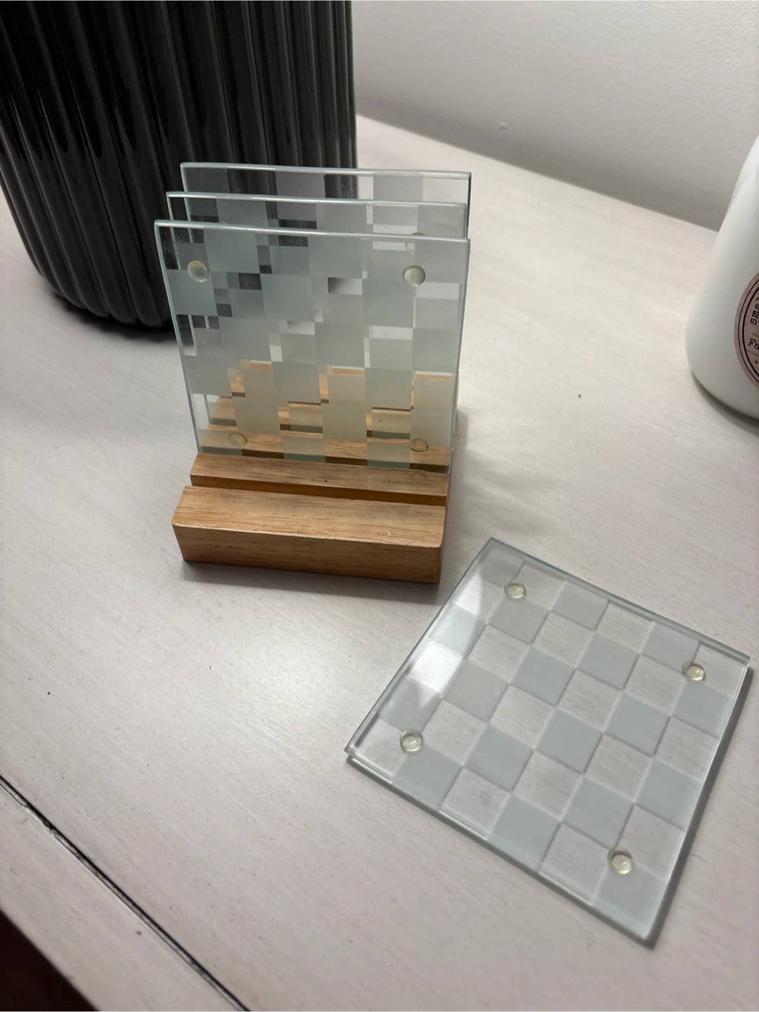 Glass Checkered Coasters with Wooden Holder