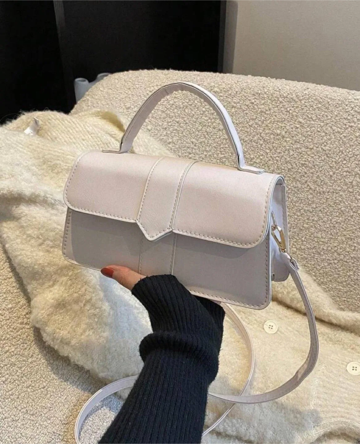 Beige/white minimalist top handle flap square bag image indicator(7)