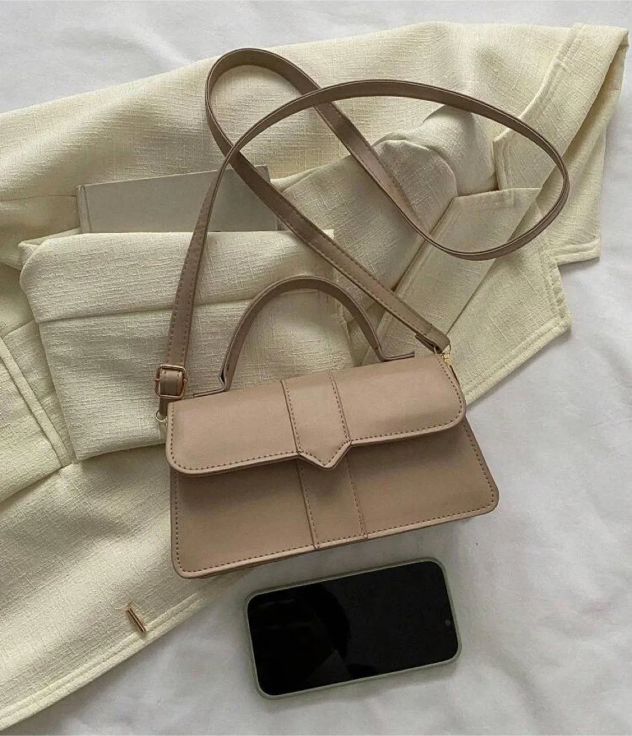 Beige/white minimalist top handle flap square bag image indicator(8)