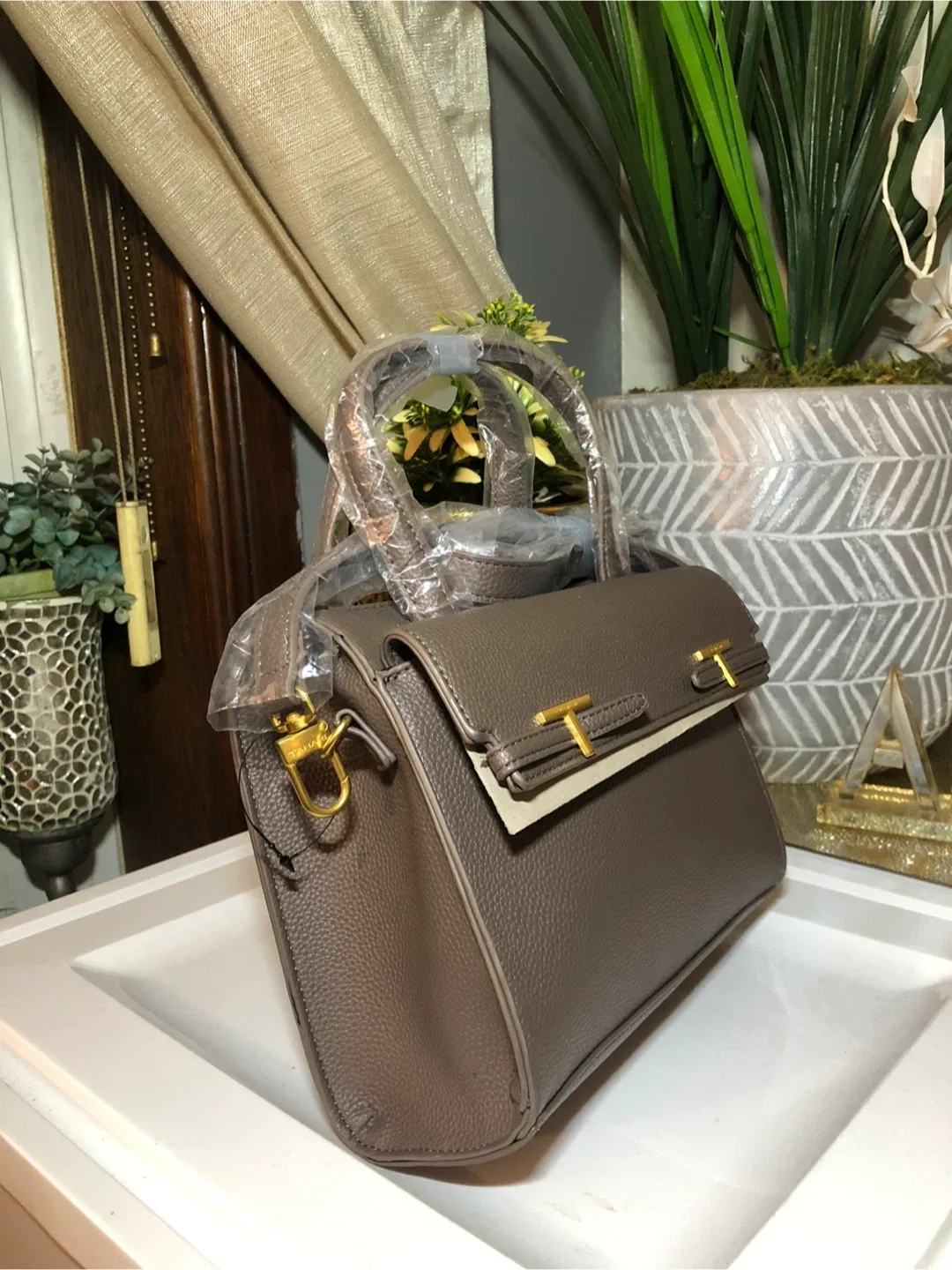 Tahari Taupe Satchel Bag image indicator(3)