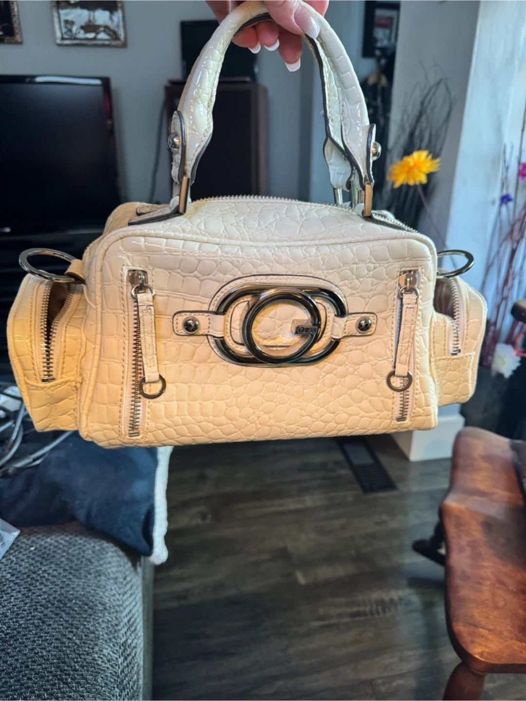Guess White Croc Embossed Satchel