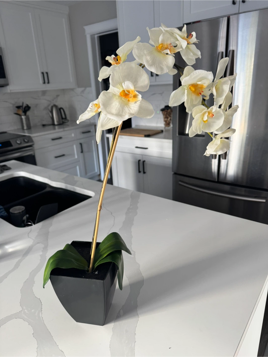 Artificial White Orchid in Black Pot