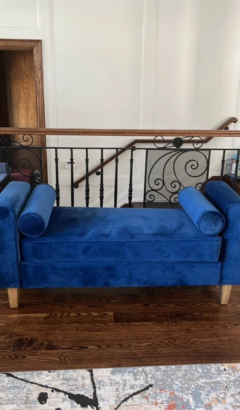 Blue Velvet Bench with Bolsters