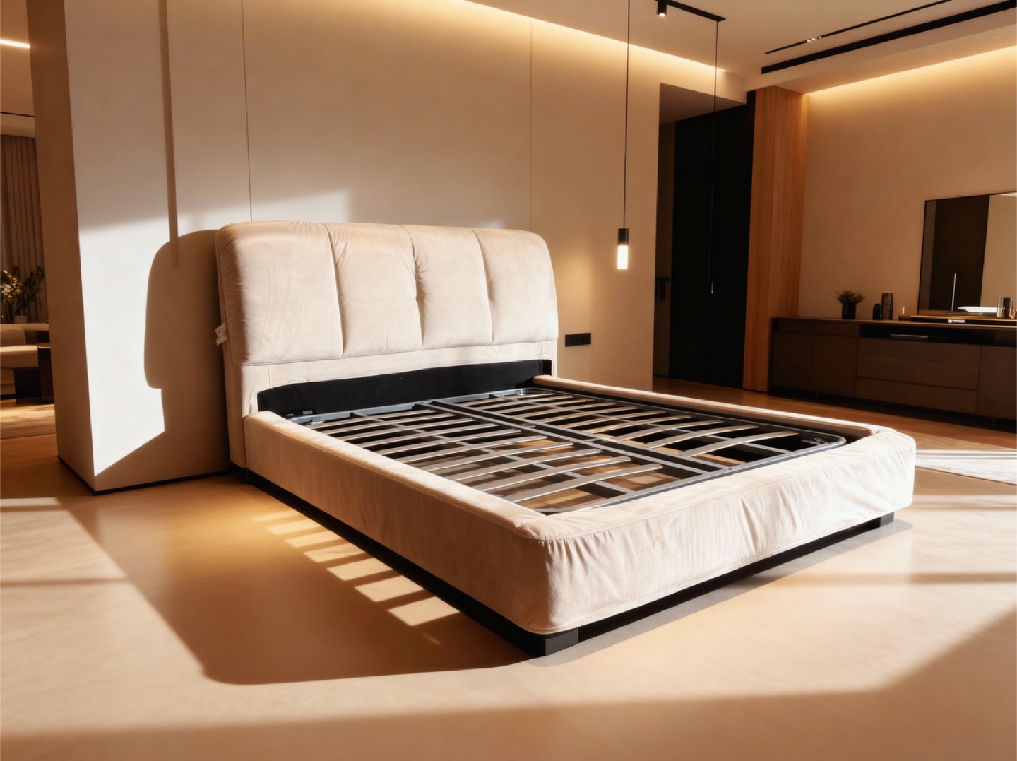 Beige Upholstered Bed Frame double size