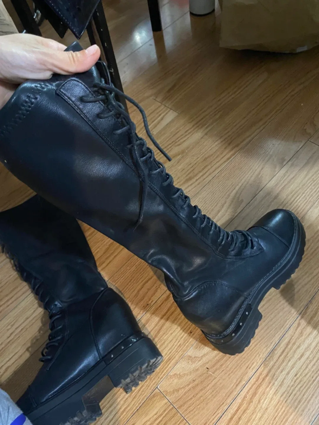 Black Lace-Up Knee-High Platform Boots Size 6 thumbnail