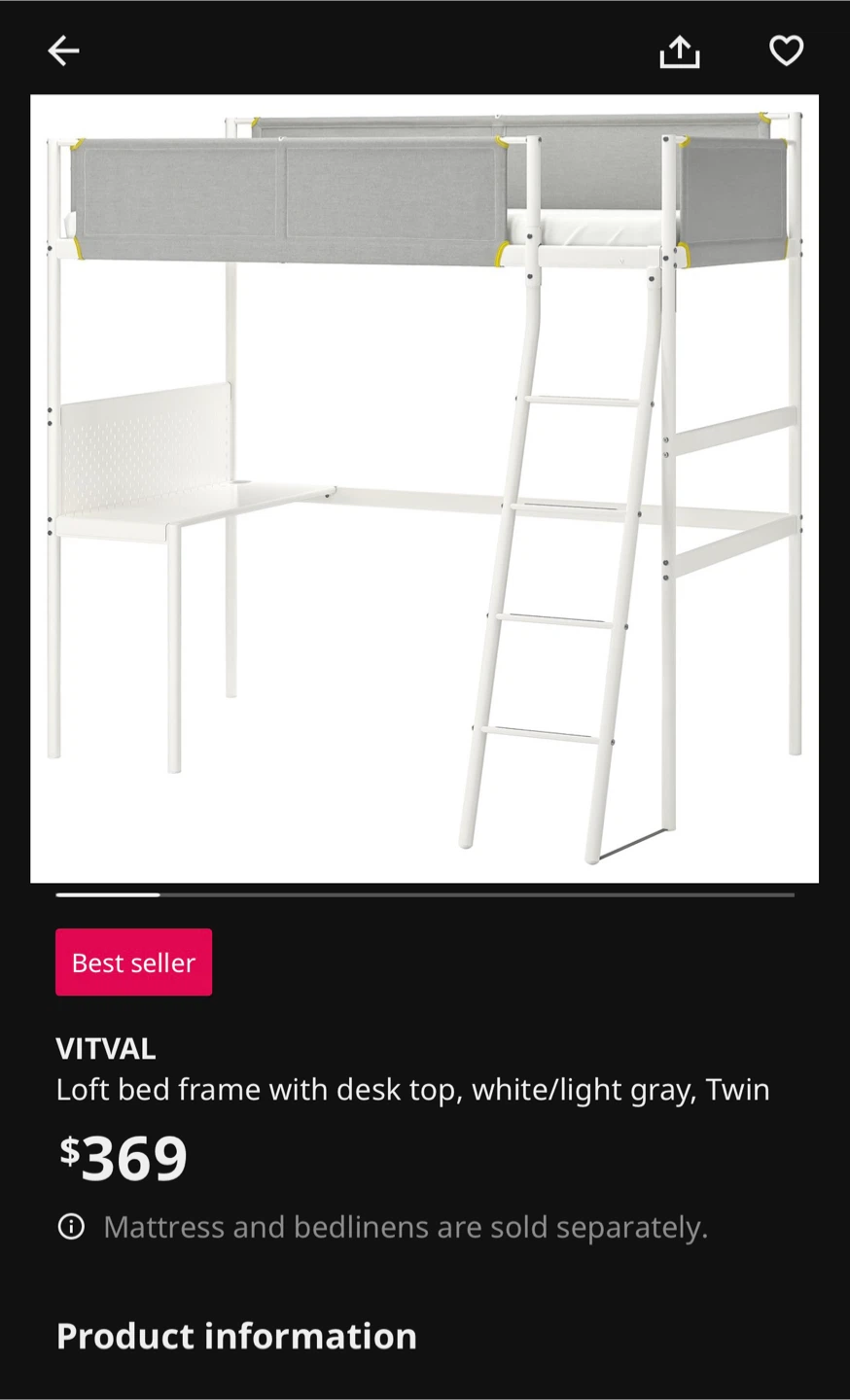 IKEA VITVAL Loft Bed Frame - White/Light Gray, Twin 🥕