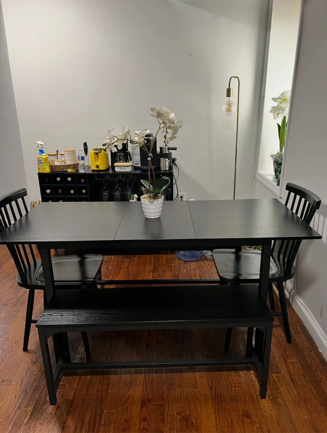 Black Dining Table with 2 Chairs and Bench