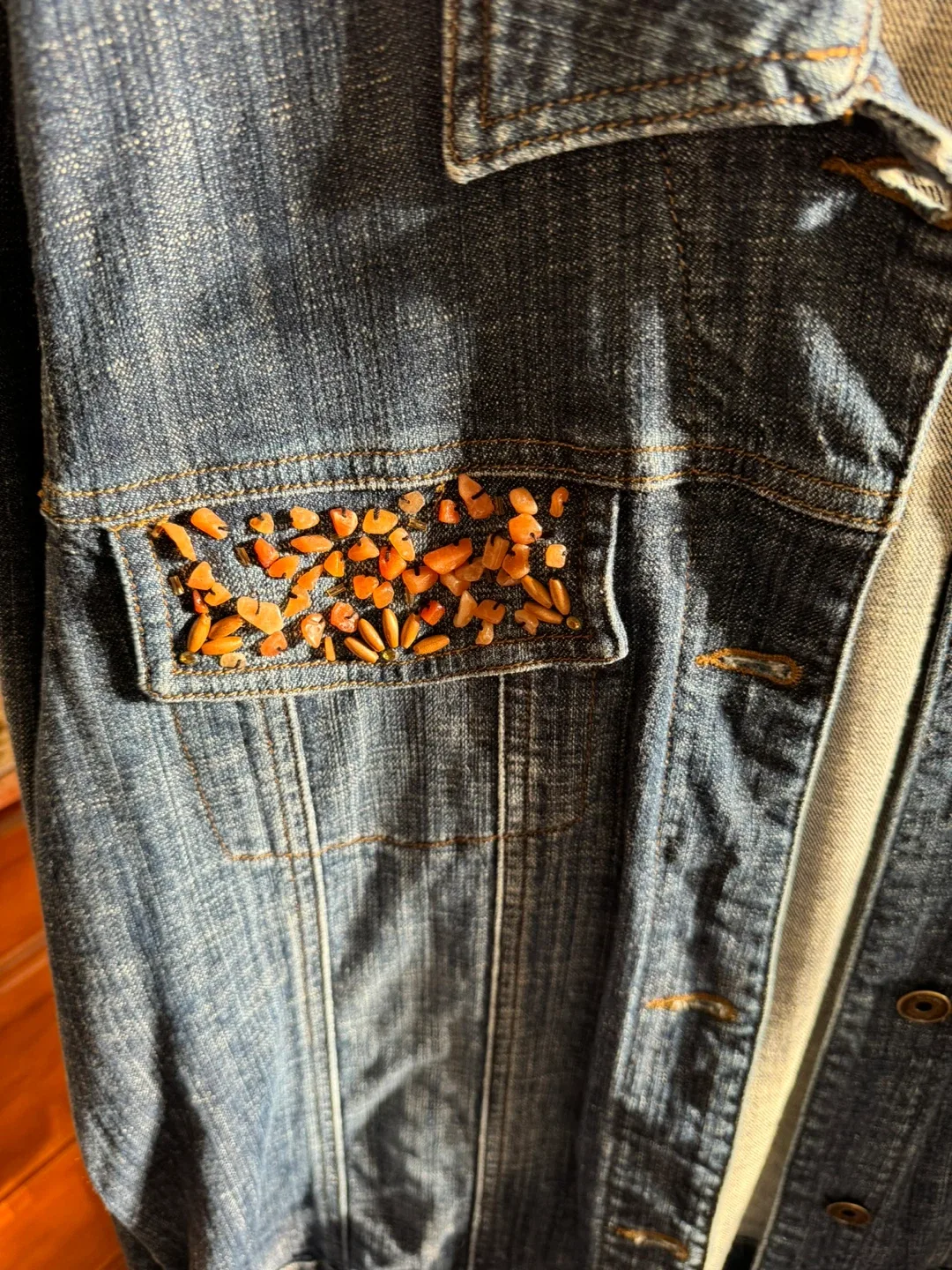 Olsen denim jacket with decorative stone on pockets