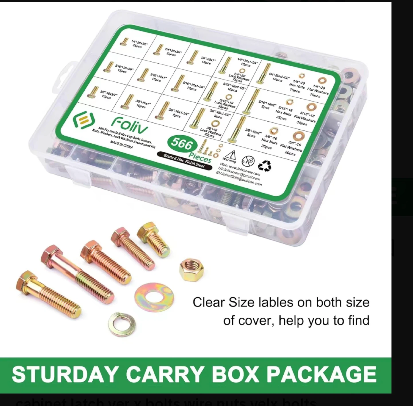 FOLIV 566 pcs Grade 8.8 Metric Bolt Assortment Kit