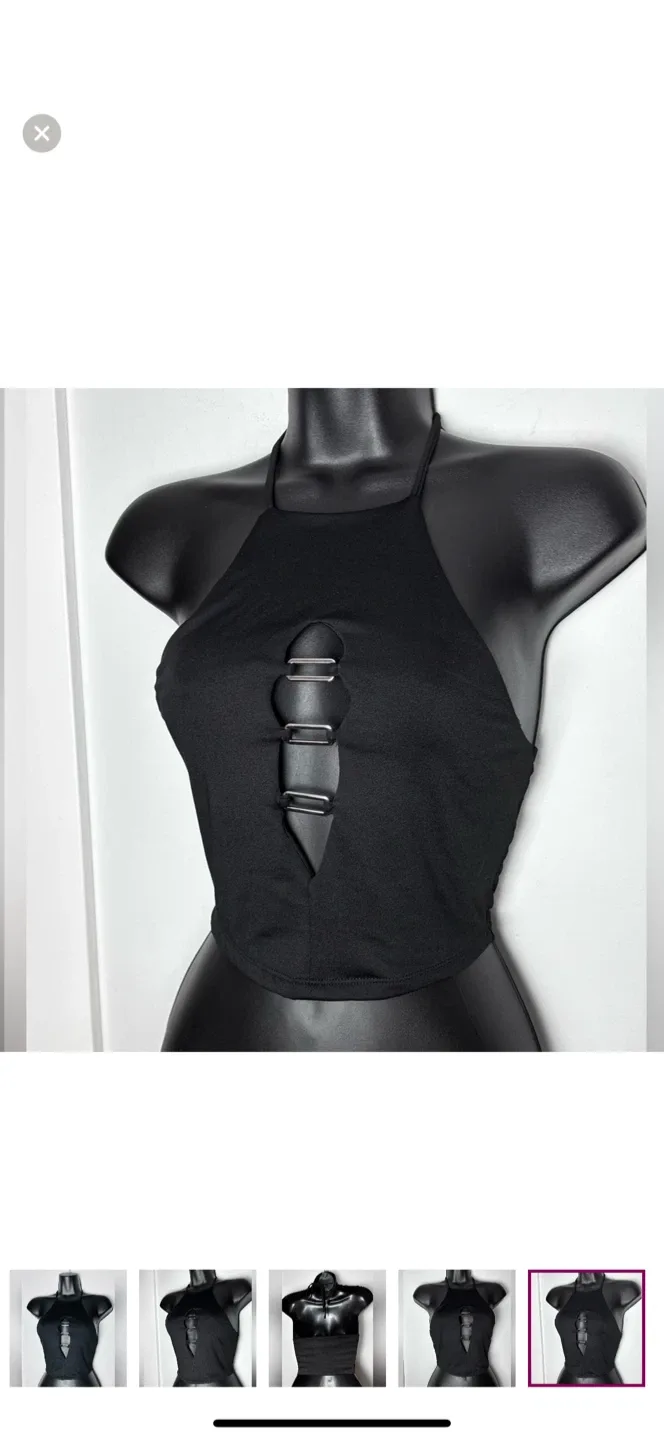 Bershka Black Halter Top with Cut-Out Design and Silver Hardware image indicator(5)