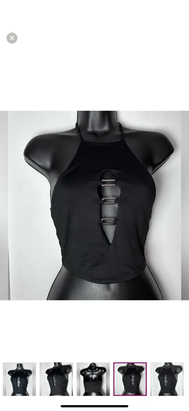 Bershka Black Halter Top with Cut-Out Design and Silver Hardware image indicator(4)