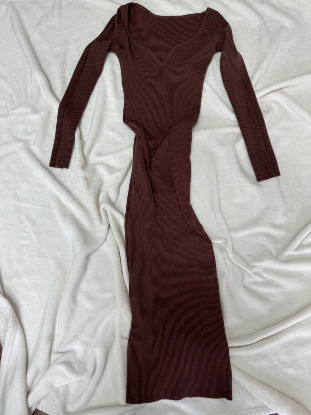 🤎 Brown Ribbed Long Sleeve Bodycon Dress – New thumbnail