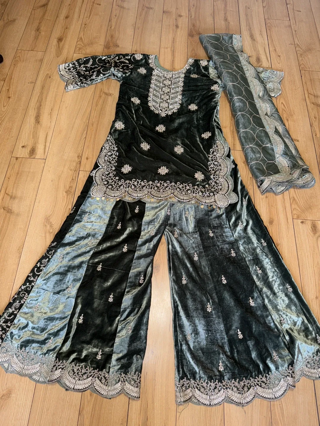 Green Velvet Embroidered Salwar Kameez Suit image indicator(3)