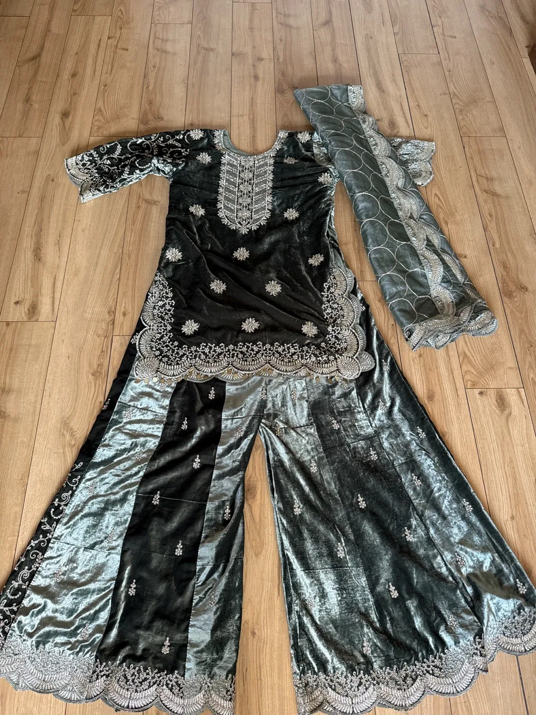 Green Velvet Embroidered Salwar Kameez Suit image indicator(2)