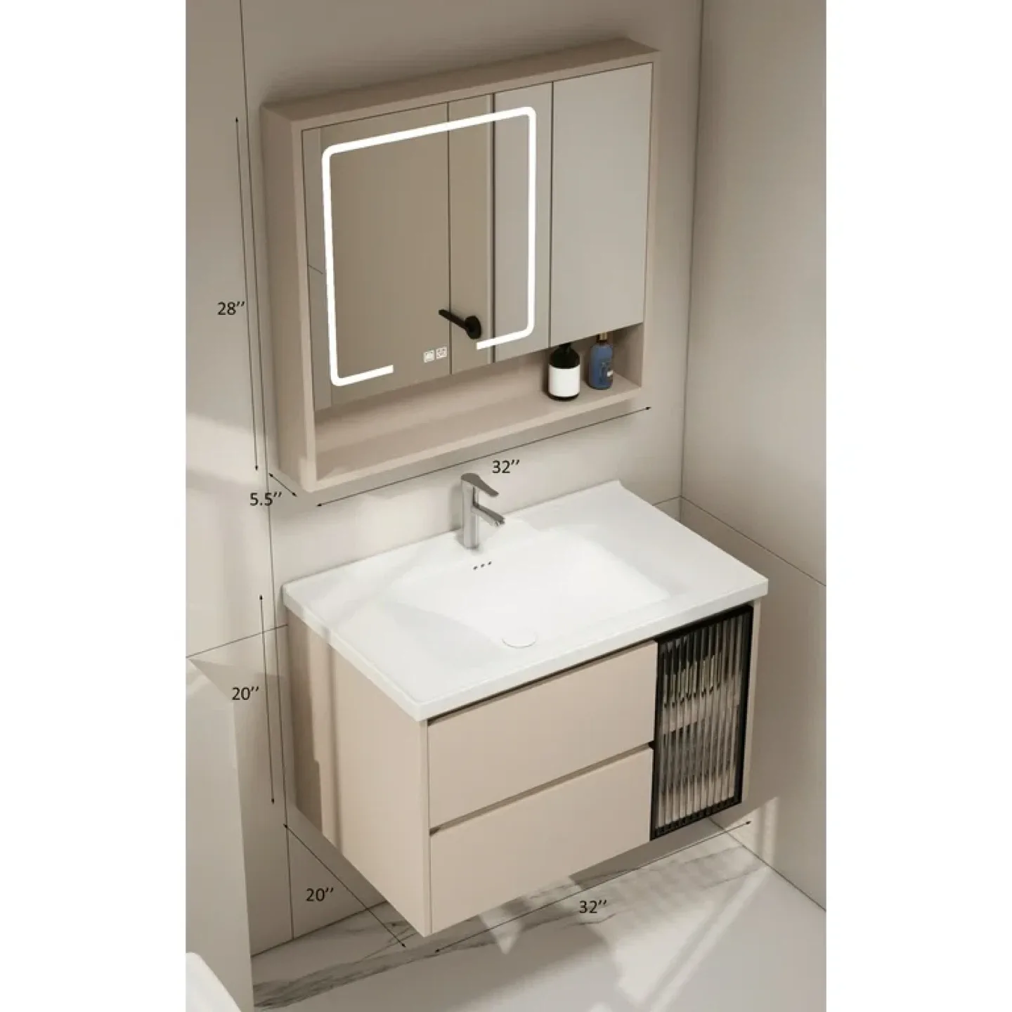 Bathroom Vanity with LED Mirror Cabinet & Ceramic Sink Set, 32'' image indicator(2)