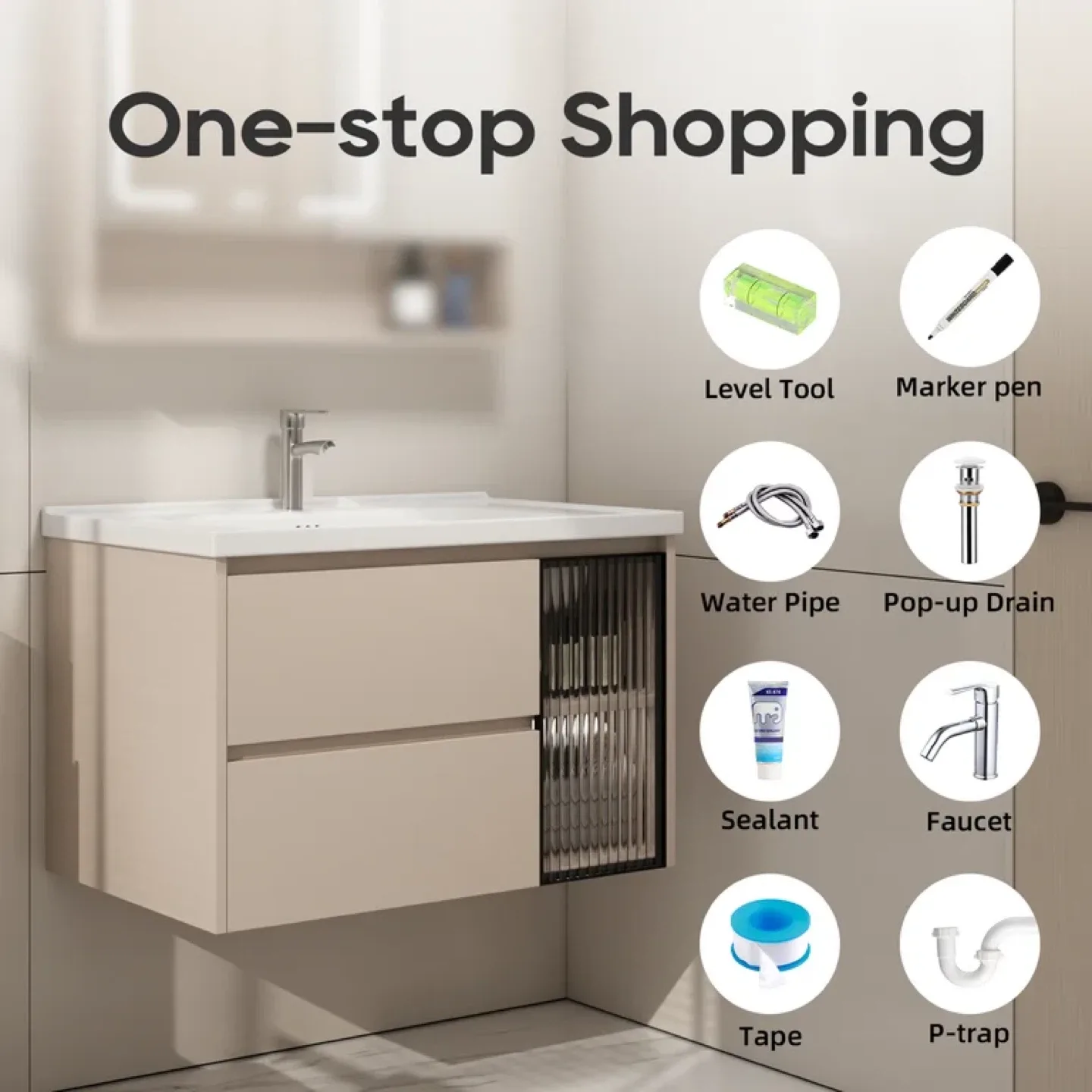 Bathroom Vanity with LED Mirror Cabinet & Ceramic Sink Set, 32'' image indicator(3)