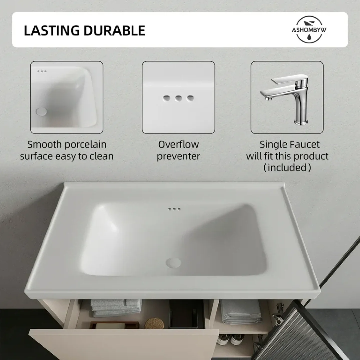 Bathroom Vanity with LED Mirror Cabinet & Ceramic Sink Set, 32'' image indicator(7)