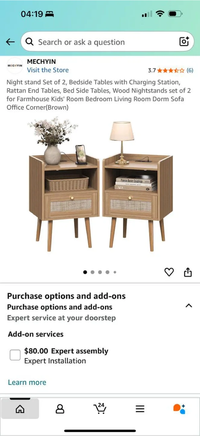 MECHYIN Nightstands Set of 2 – Brown Rattan Design with Charging thumbnail