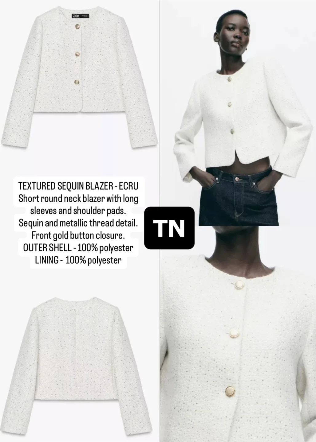 Zara Sequin Blazer - Ecru, Size M image indicator(4)