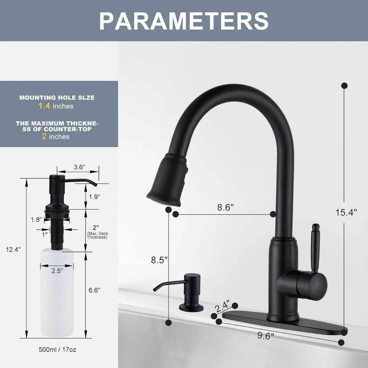 New Black Kitchen Faucet with Soap Dispenser image indicator(4)