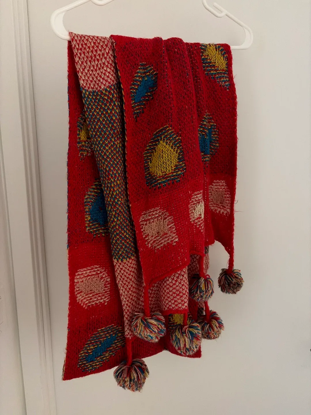 Red Patterned Scarf with Pom-poms thumbnail