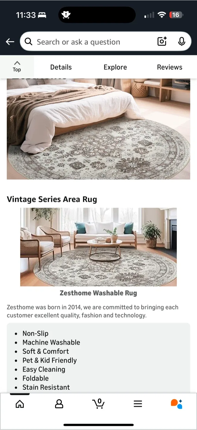 Zesthome Washable Round Rug – 9ft (Brown/Beige) thumbnail