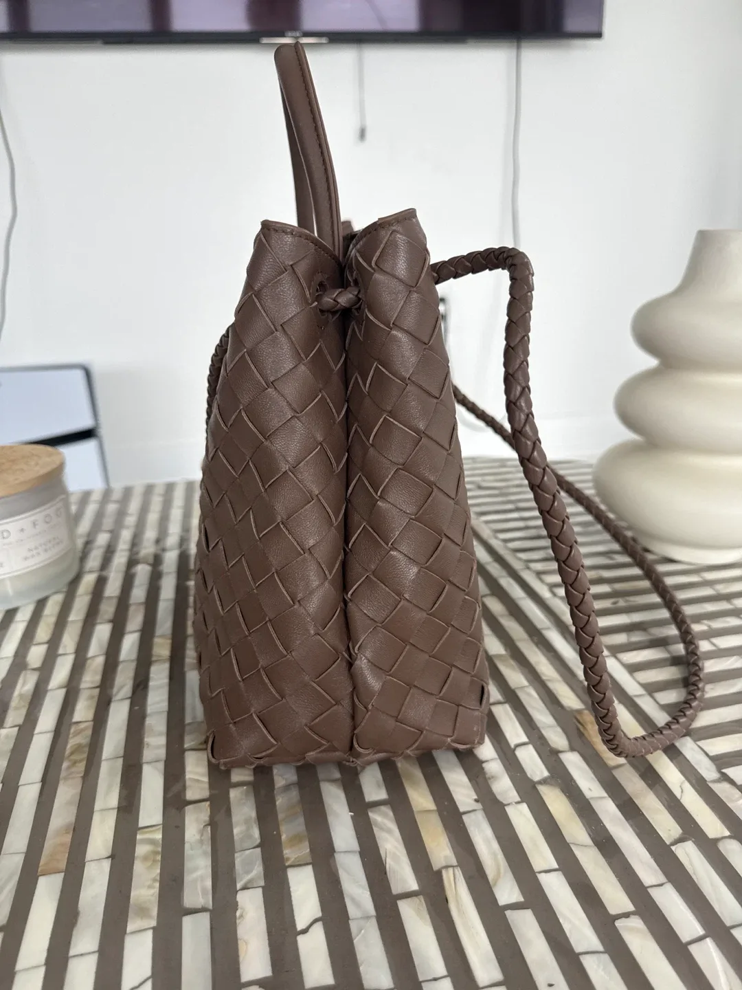 Bottega Veneta Brown Leather Woven Top Handle Leather Bag image indicator(4)