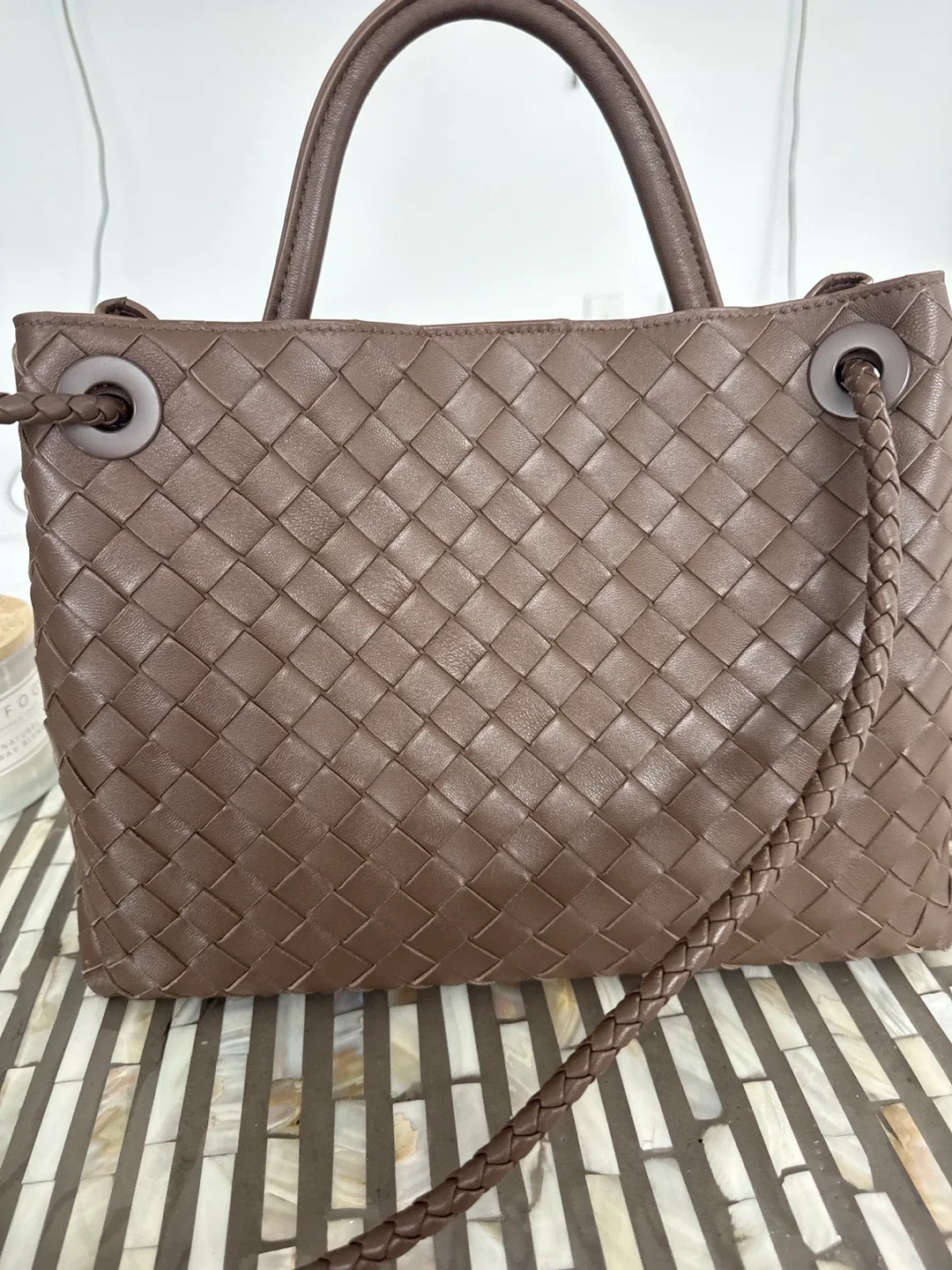 Bottega Veneta Brown Leather Woven Top Handle Leather Bag image indicator(3)