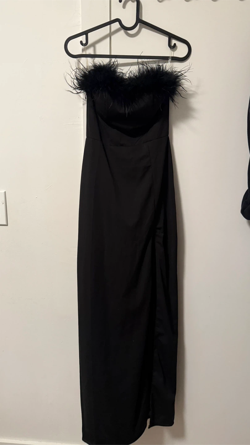 Black Feather Trim Slit Dress