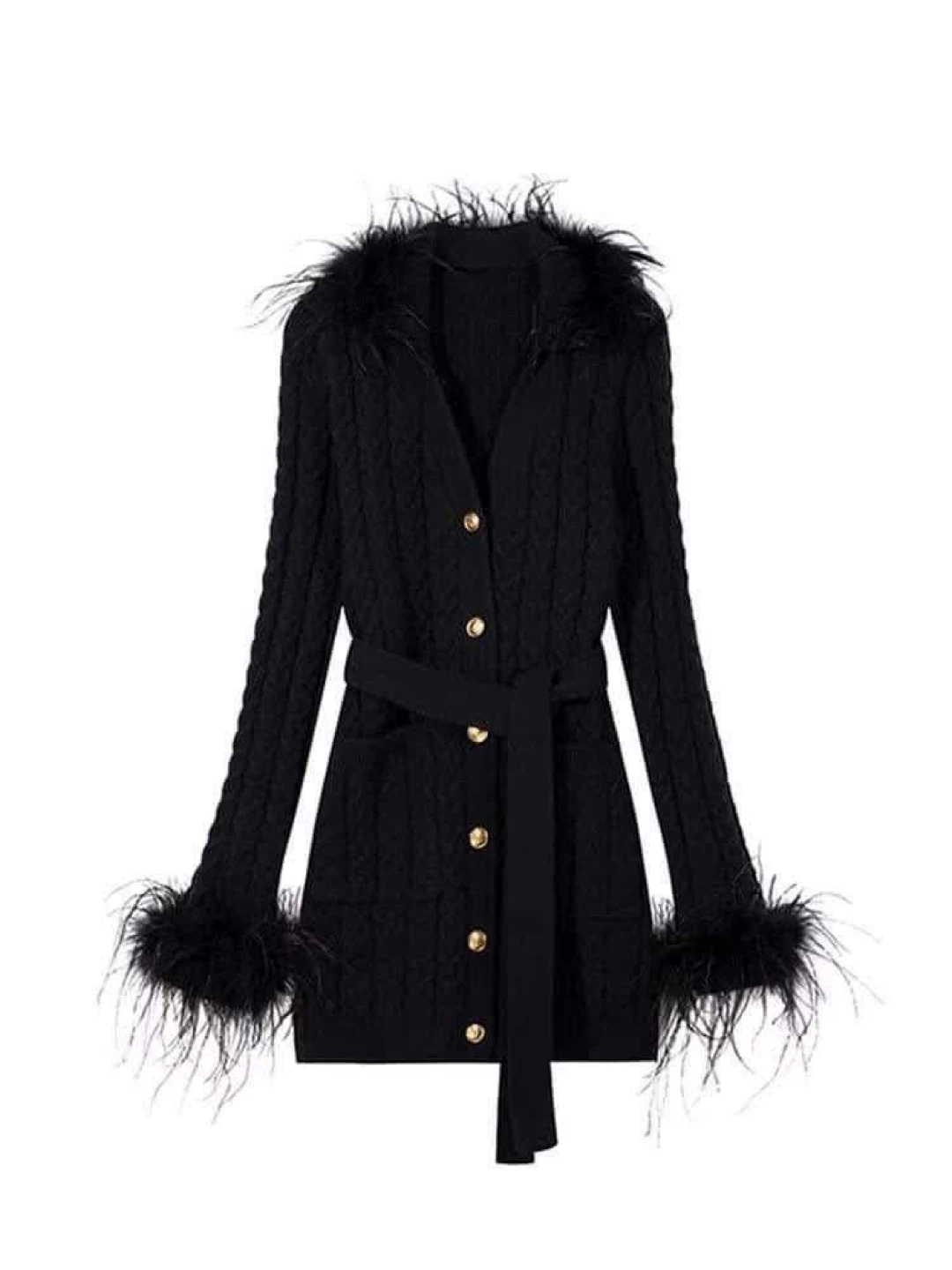 Black Feather Trim Knit Cardigan