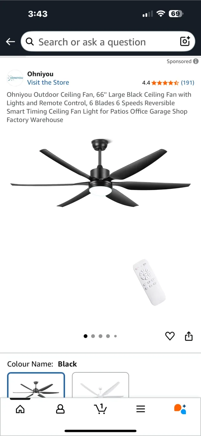 Ohniyou 66" Black Indoor, Outdoor Ceiling Fan - NEW! image indicator(3)