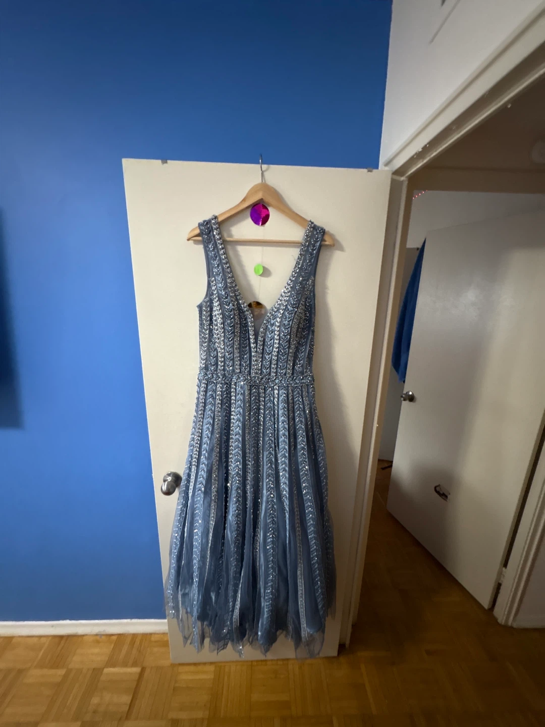 Blue Embellished V-Neck Dress