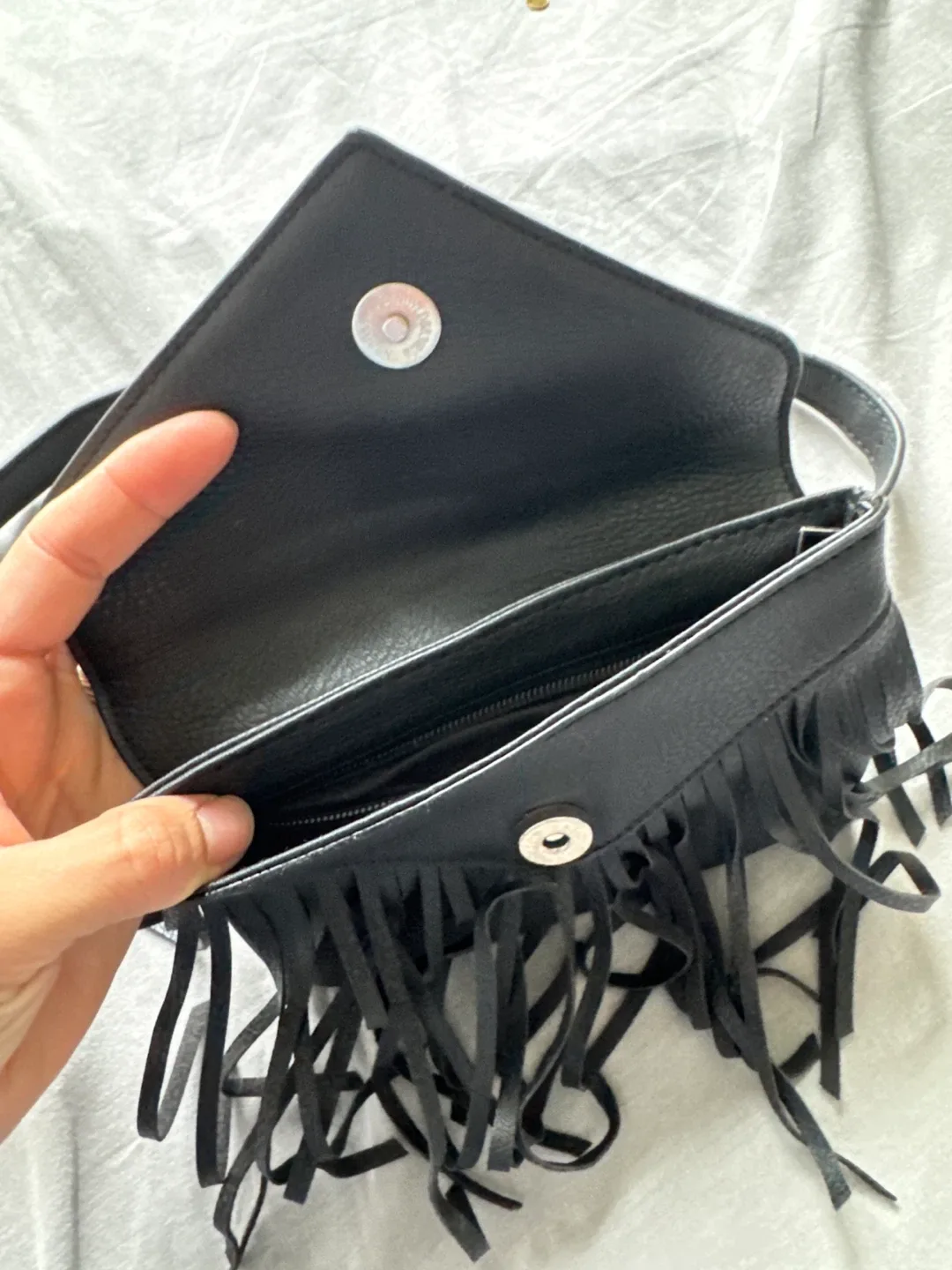 Black Faux Leather Fringe Crossbody Bag image indicator(3)