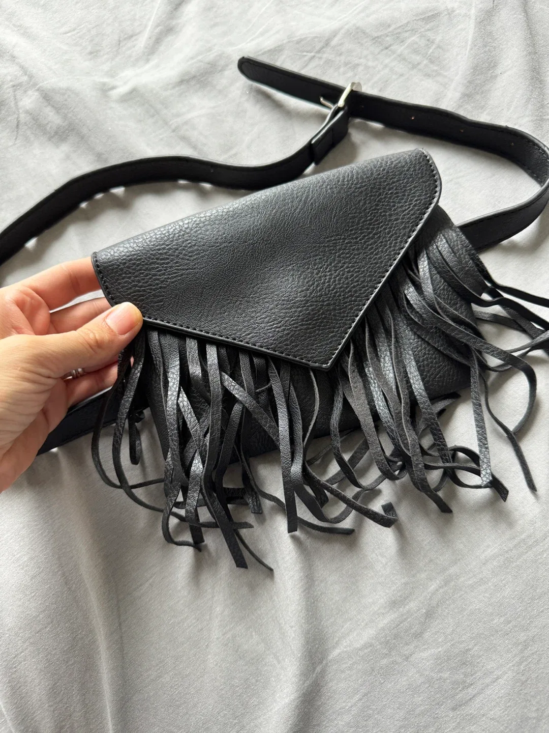 Black Faux Leather Fringe Crossbody Bag image indicator(2)