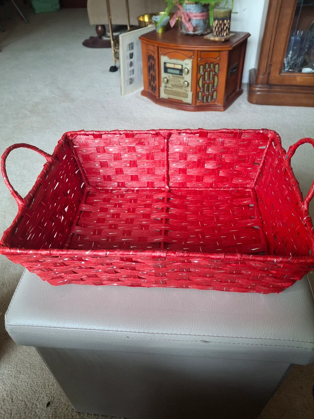 Red woven basket with handles thumbnail