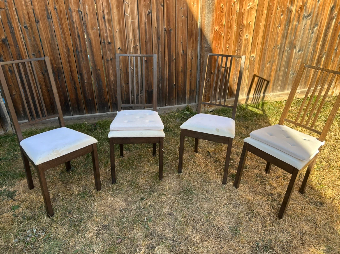 Set of 4 Dining Chairs - Brown Wood, White Cushions