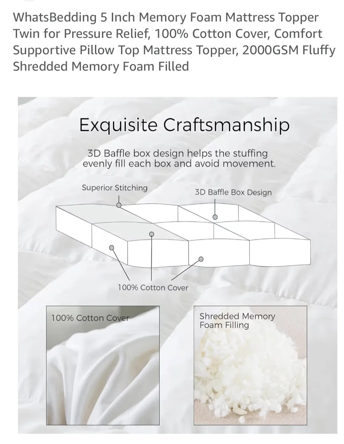 WhatsBedding 5 Inch Memory Foam Mattress Topper - Twin image indicator(3)