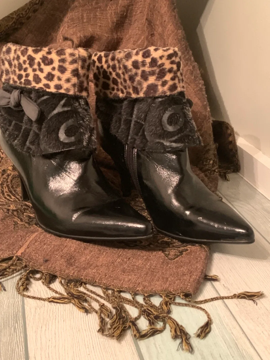 Black Patent Leather Ankle Boots with Leopard Cuff